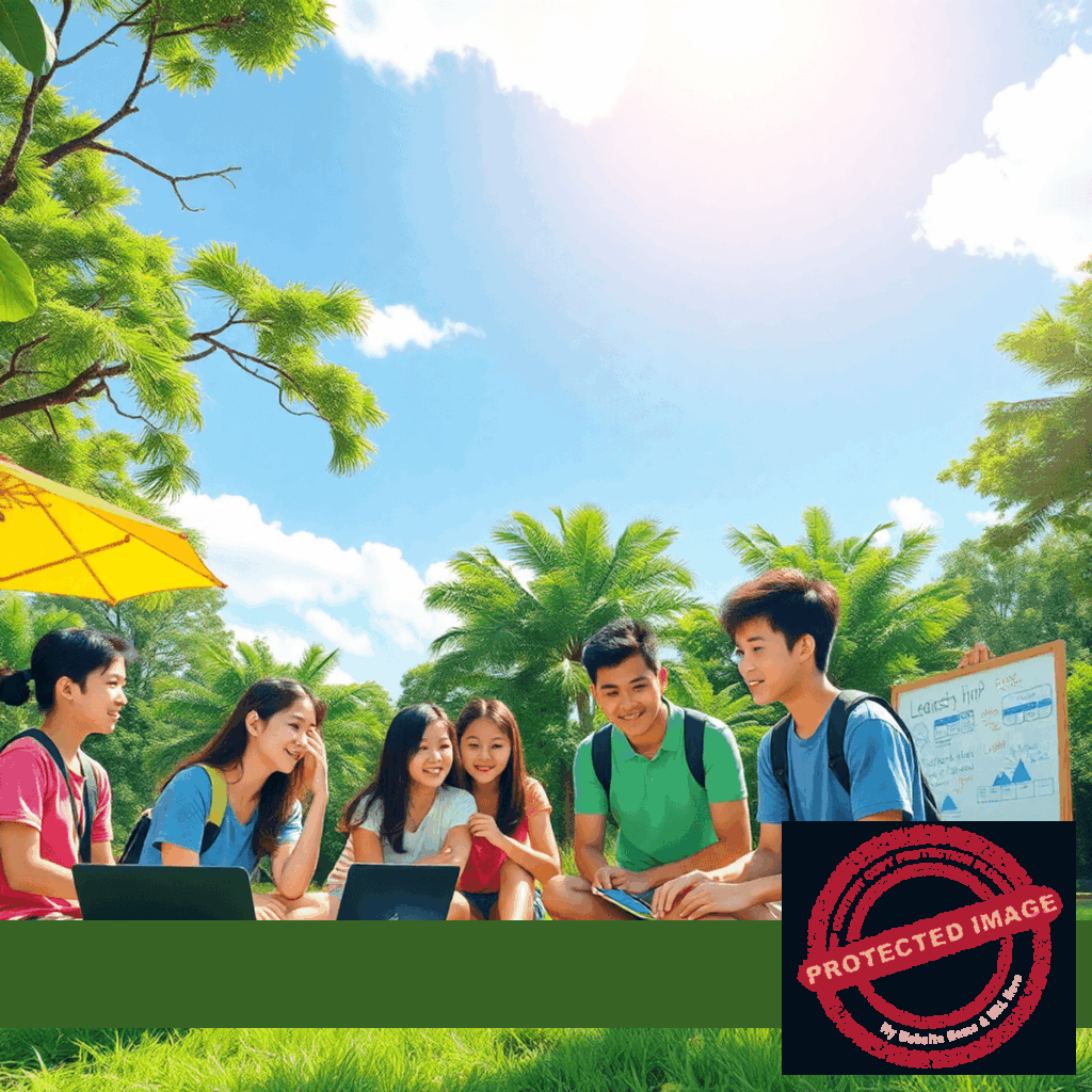 Teenagers at a vibrant summer camp in Singapore engaged in leadership activities outdoors with laptops, brainstorming boards, and group discussions un