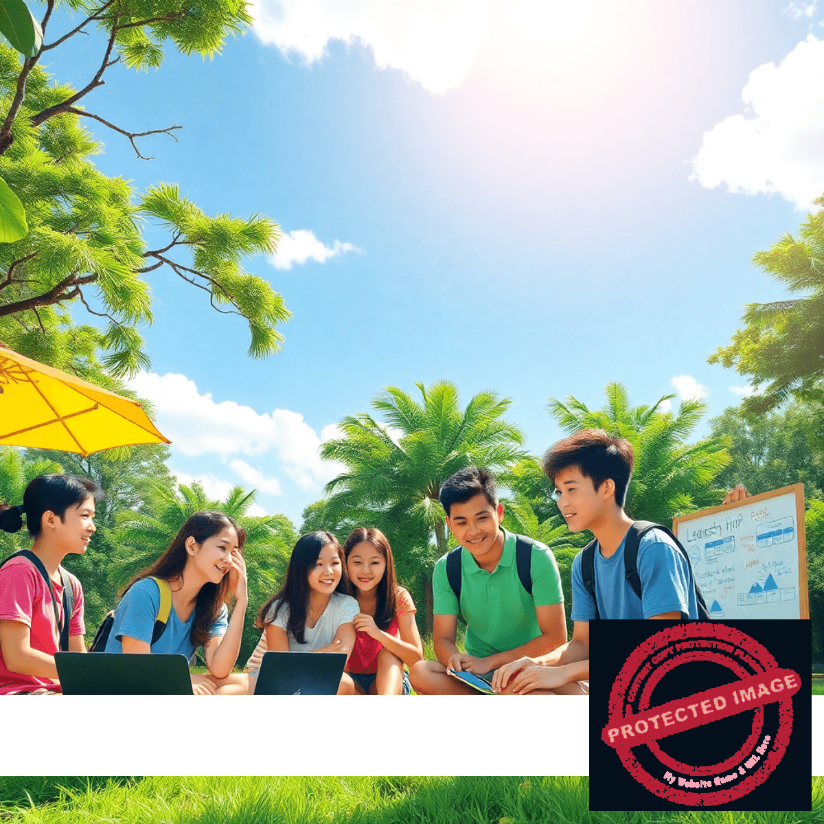 Teenagers at a vibrant summer camp in Singapore engaged in leadership activities outdoors with laptops, brainstorming boards, and group discussions un