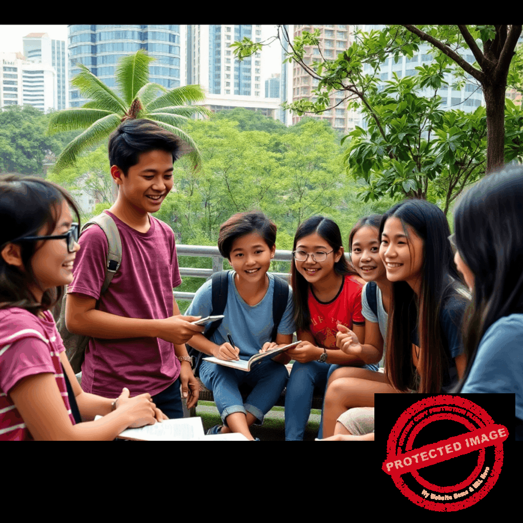 Teens at a summer camp in Singapore engaging in robotics with iconic landmarks and lush greenery in the background.