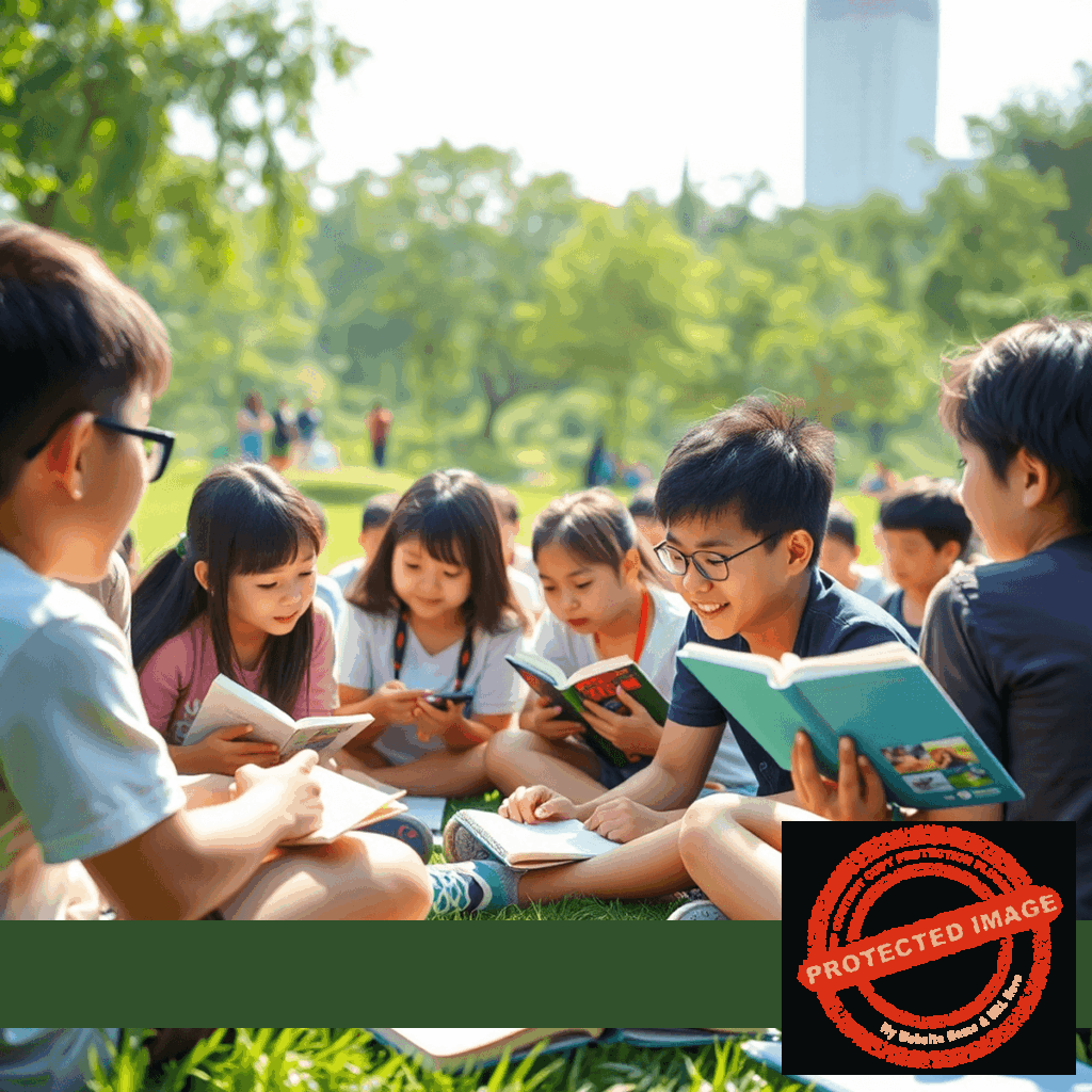 Students at a summer camp outdoors, engaged in interactive English learning with books under a bright sunny sky.