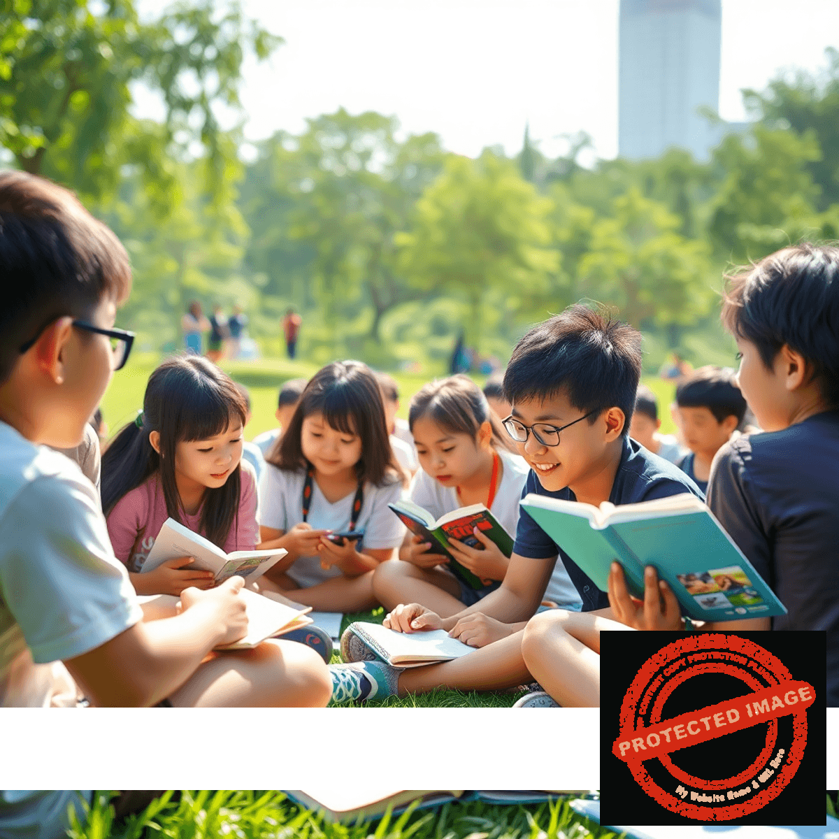 Students at a summer camp outdoors, engaged in interactive English learning with books under a bright sunny sky.