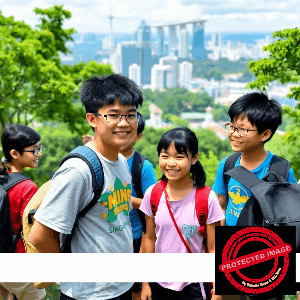 Youth participating in outdoor leadership activities at a vibrant summer camp with city skyline and nature in the background.