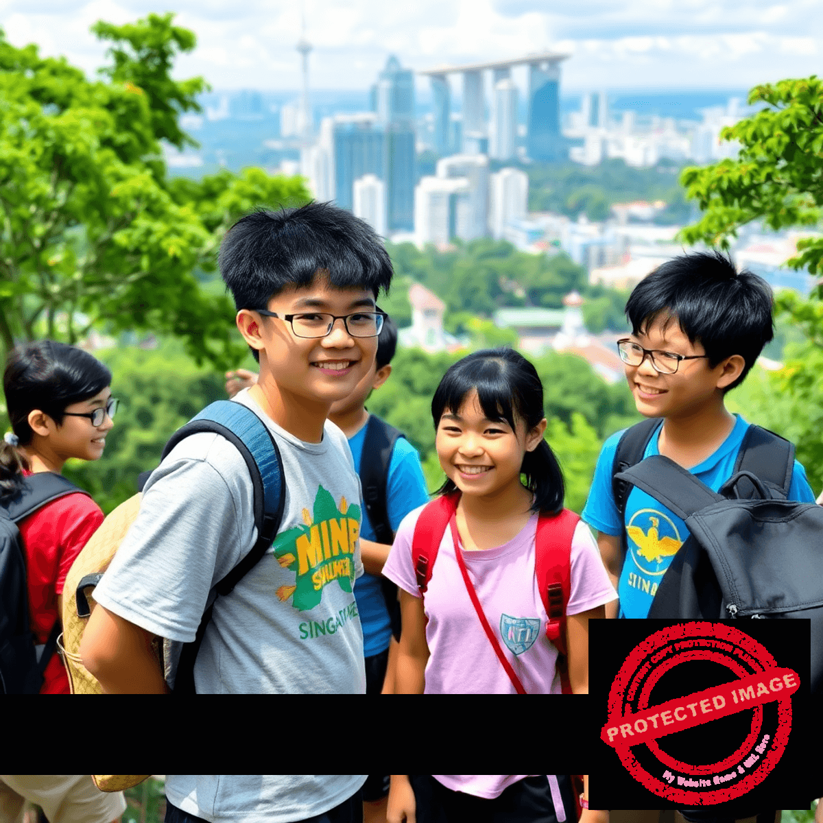 Youth participating in outdoor leadership activities at a vibrant summer camp with city skyline and nature in the background.