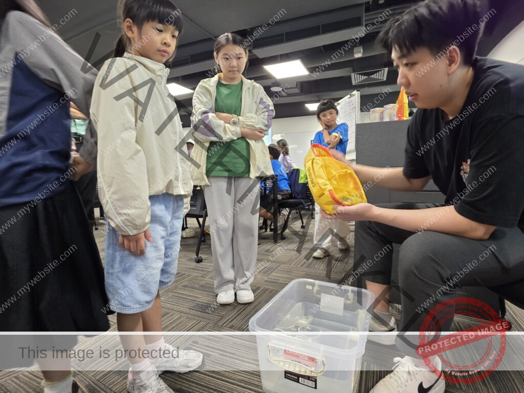 A group of children stands around an adult who is handling a yellow bag over a plastic container in a classroom setting, engaging in exciting STEM activities.