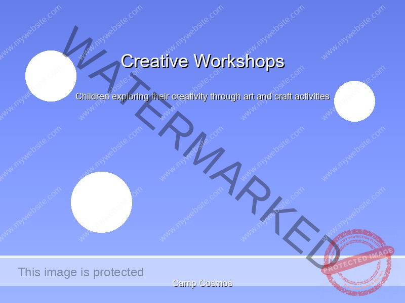A blue background with white circles, overlaid text reads "Creative Workshops: Children exploring their creativity through art and craft activities," and "Camp Cosmos" at the bottom.