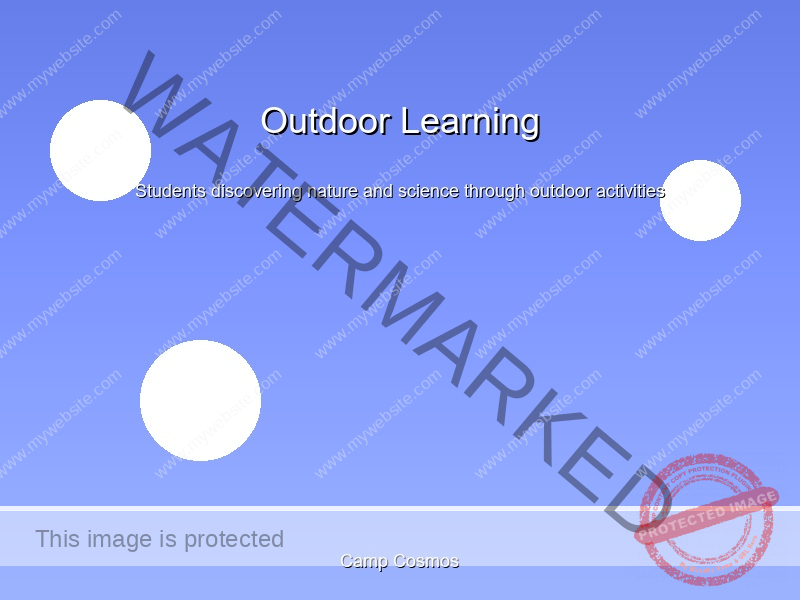 Blue background with white circles, text reads "Outdoor Learning: Students discovering nature and science through outdoor activities." The image is watermarked and labeled "Camp Cosmos.