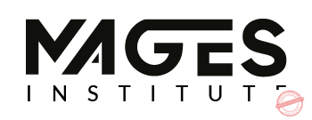 Logo for MAGES Institute with bold, stylized black lettering on a white background and a small red circular emblem in the bottom right corner, designed for the International Summer Camp: Camp Cosmos in Singapore.