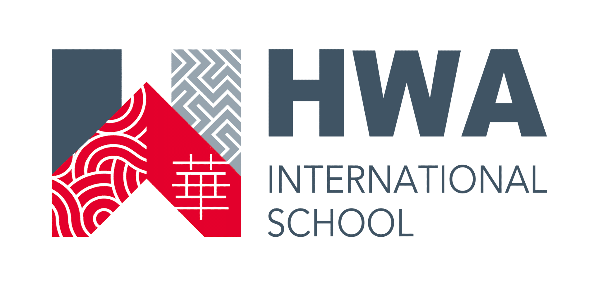 HWA International School logo featuring geometric and wave patterns, a red section with a Chinese character, and bold text reading "HWA International School" in Singapore—home to an exciting International Summer Camp.