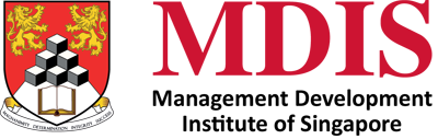 MDIS logo with a crest featuring two lions and stacked cubes, next to the text "MDIS Management Development Institute of Singapore," highlighting their engaging Summer Program.