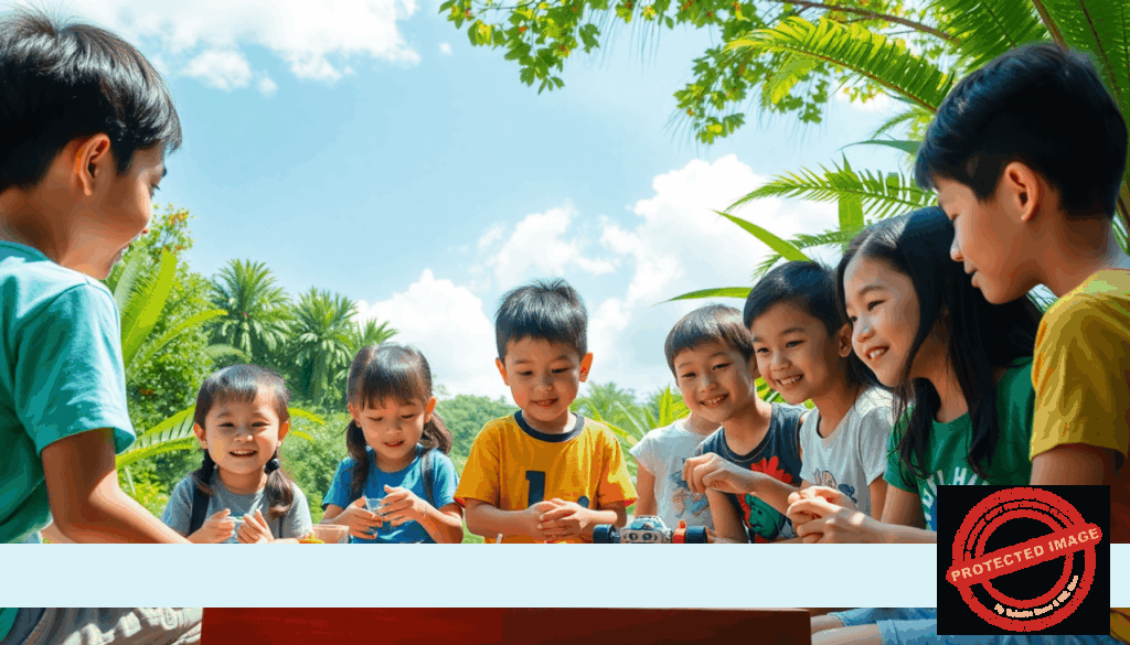 Children at a sunny outdoor summer camp in Singapore, building robots, exploring nature, and doing teamwork activities amid lush greenery and tropical