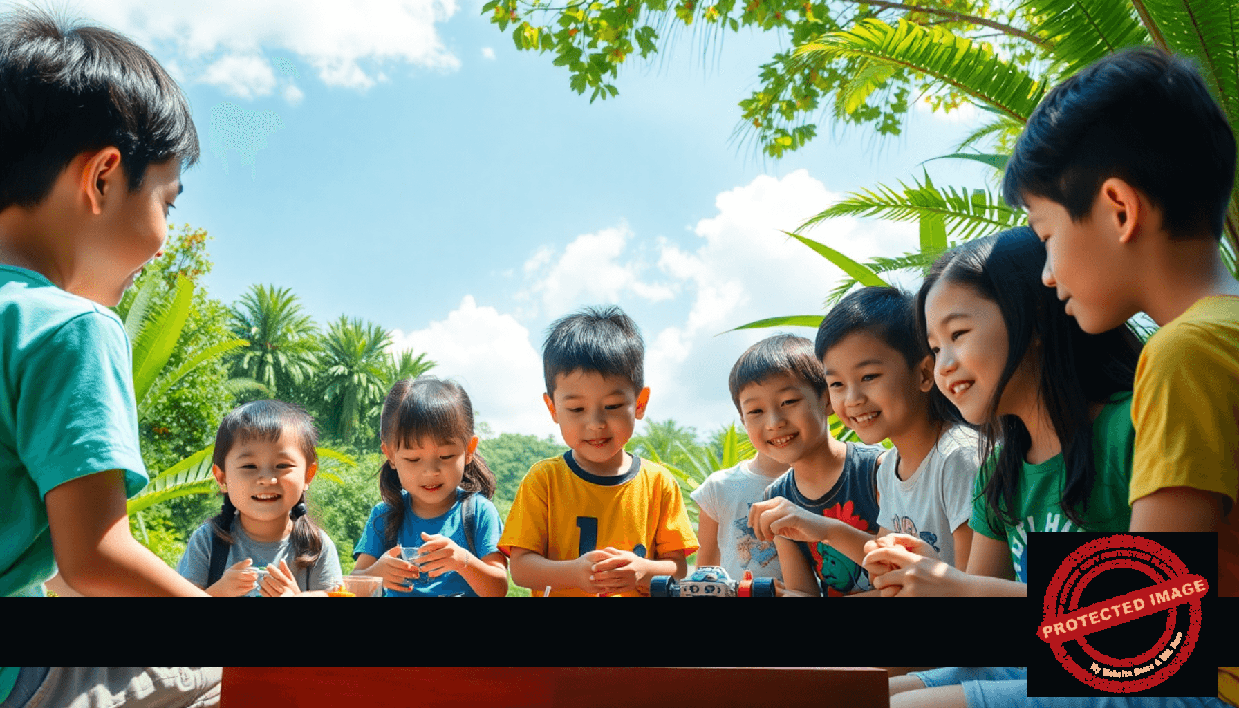 Children at a sunny outdoor summer camp in Singapore, building robots, exploring nature, and doing teamwork activities amid lush greenery and tropical