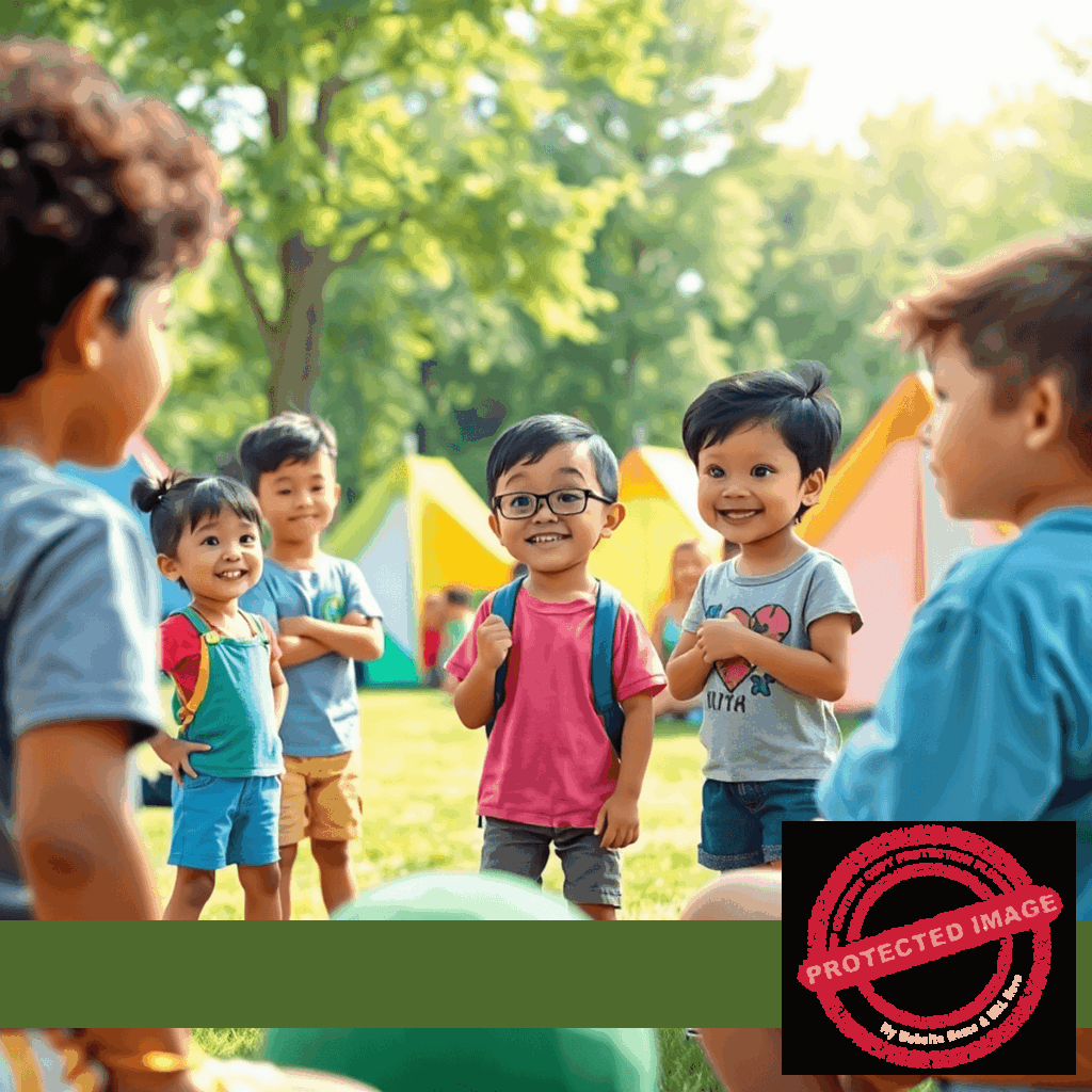 Children presenting outdoors at a summer camp with colorful tents and green trees on a sunny day, surrounded by a supportive audience.