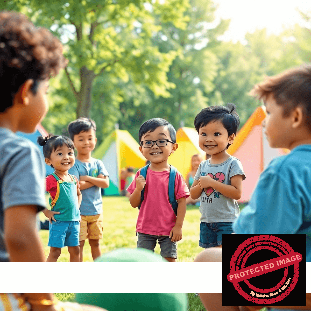 Children presenting outdoors at a summer camp with colorful tents and green trees on a sunny day, surrounded by a supportive audience.